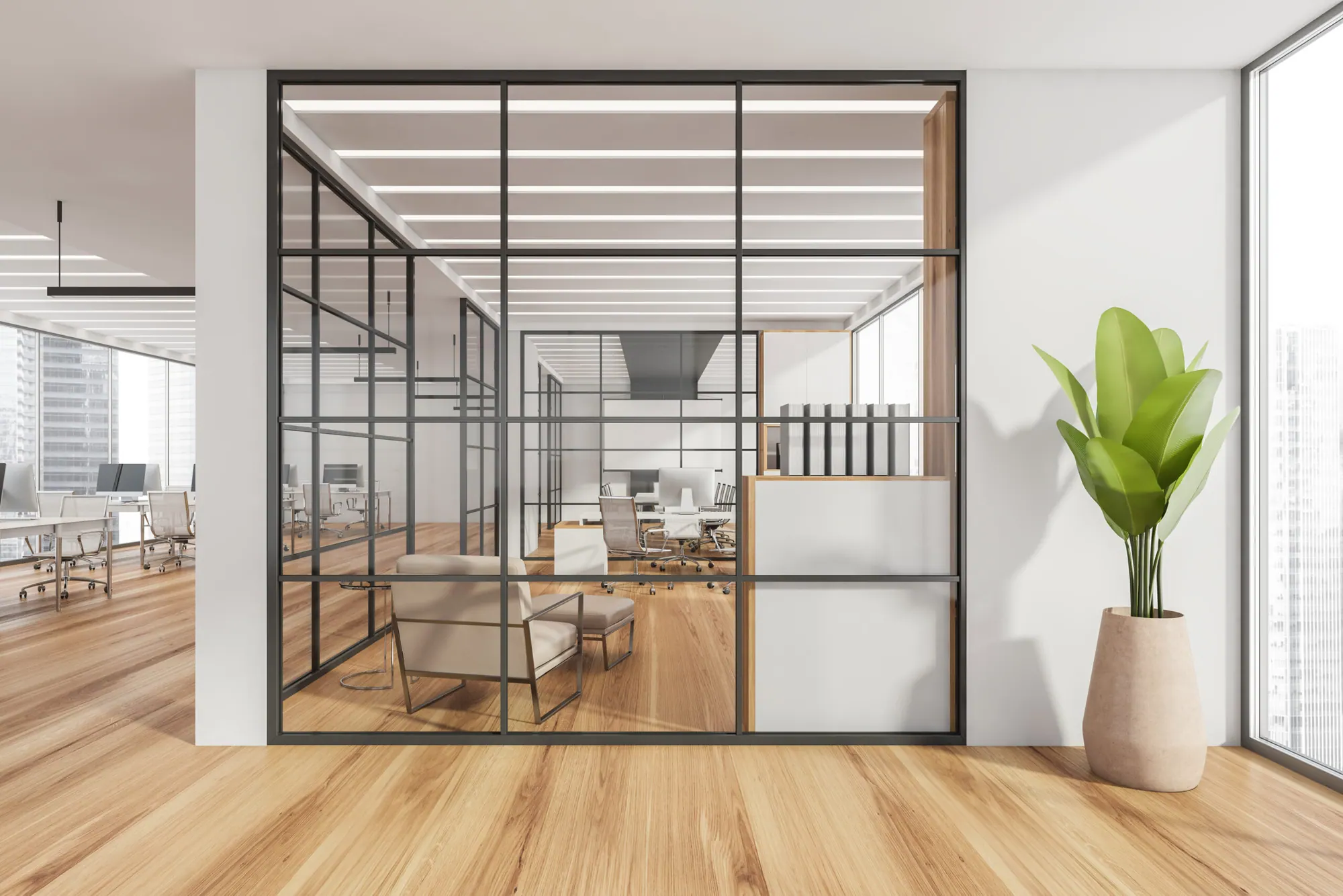 Glass partition walls dividing a modern interior